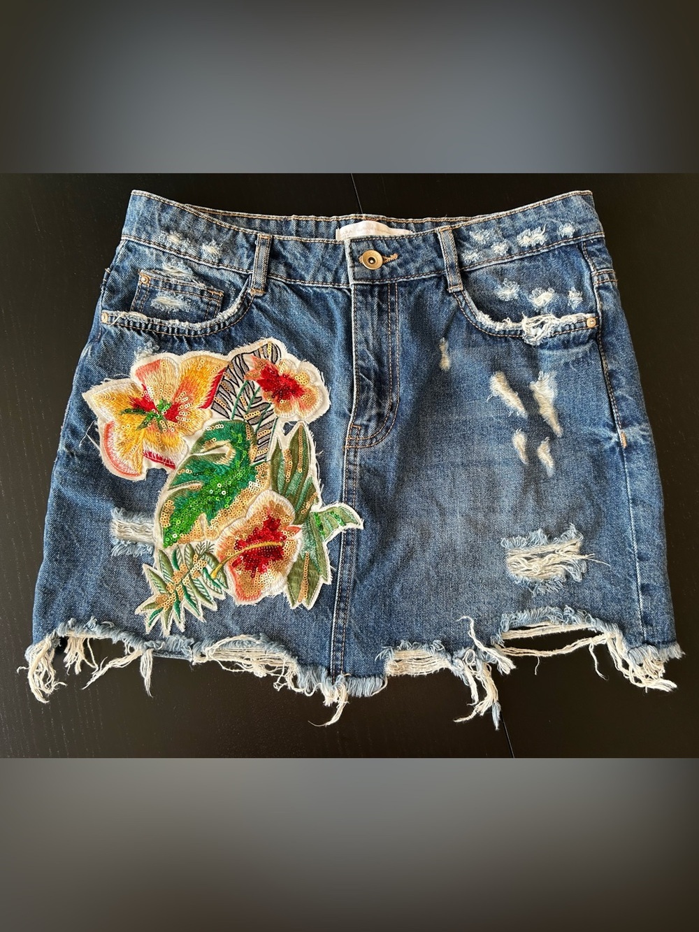 Zara Denim Miniskirt Boho Y2K Floral Sequin Embroidered Distressed